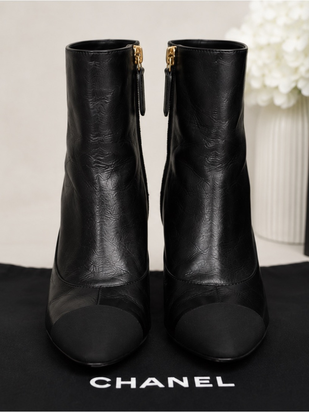 Authentic Chanel 22A Black Goatskin & Grosgrain CC Heel Ankle Boots EU 37
